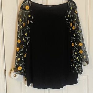 Cha Cha Vente Black Top with Yellow Floral Sheer Sleeves XL